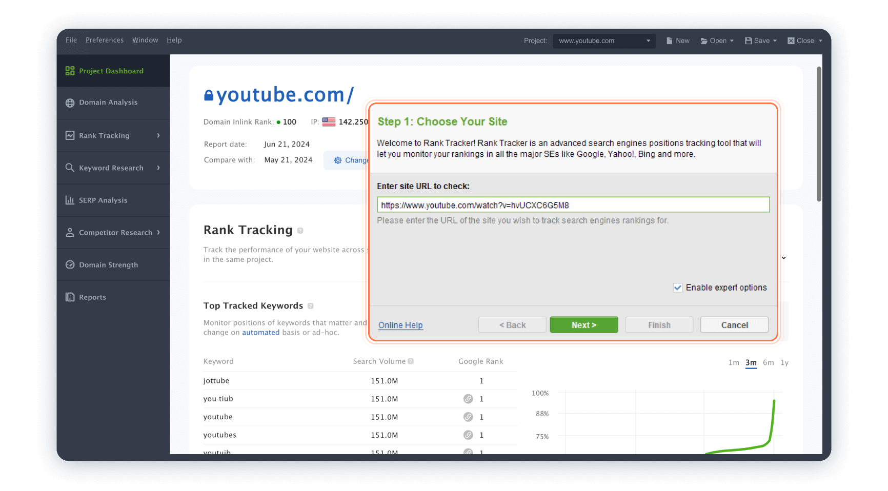 Create a project for the URL of your video and enable the expert options