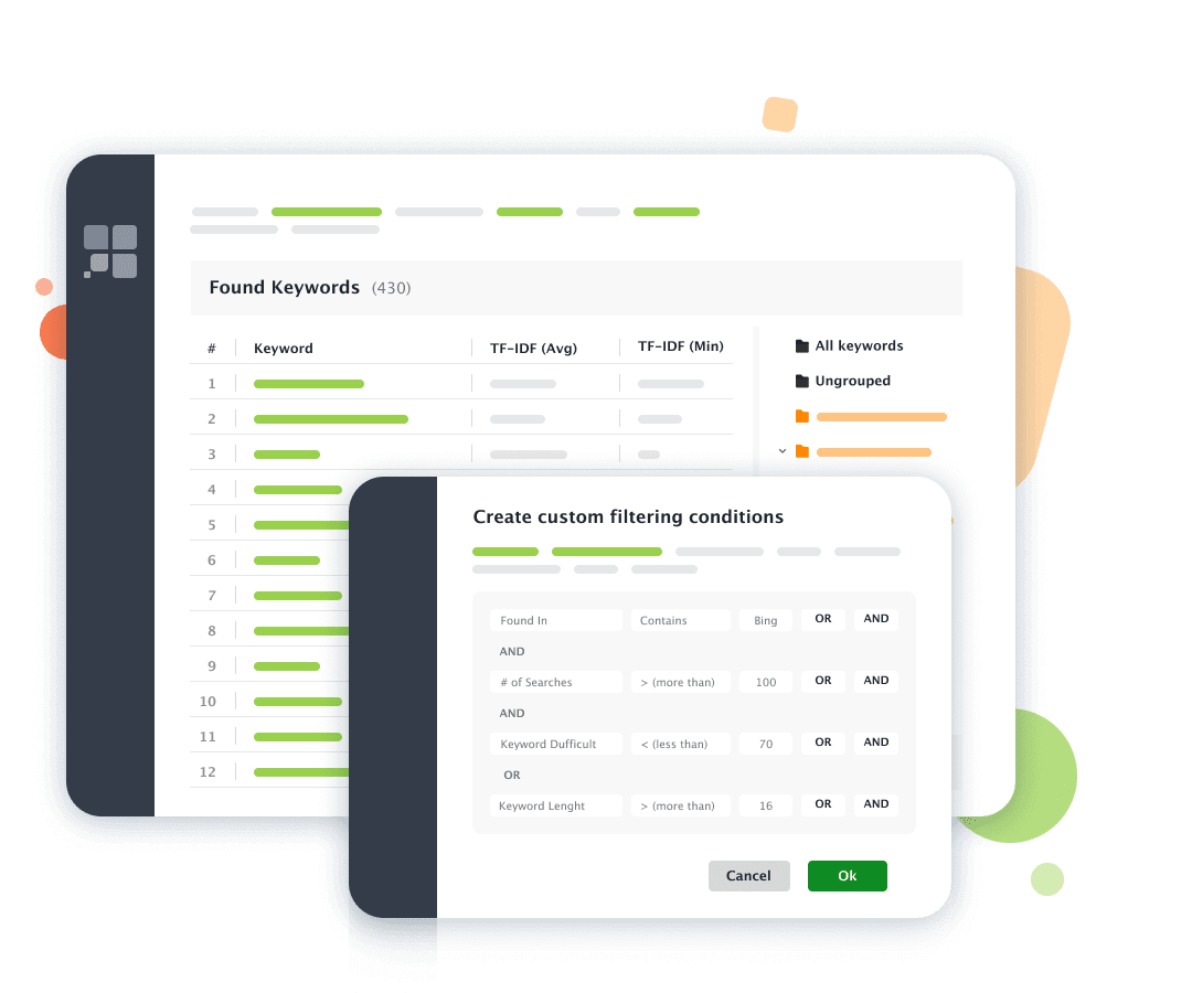 Use quick filters and negative filters to regine the keyword grouping process