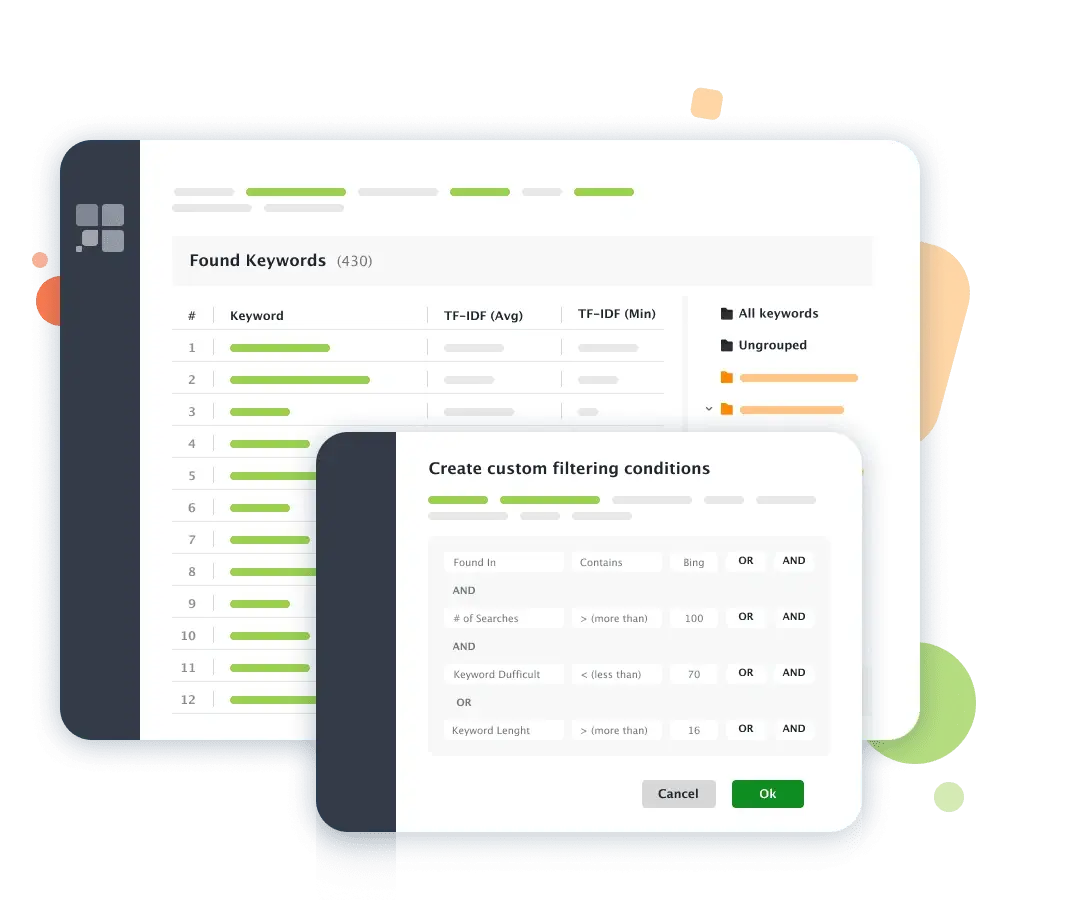 Use quick filters and negative filters to regine the keyword grouping process
