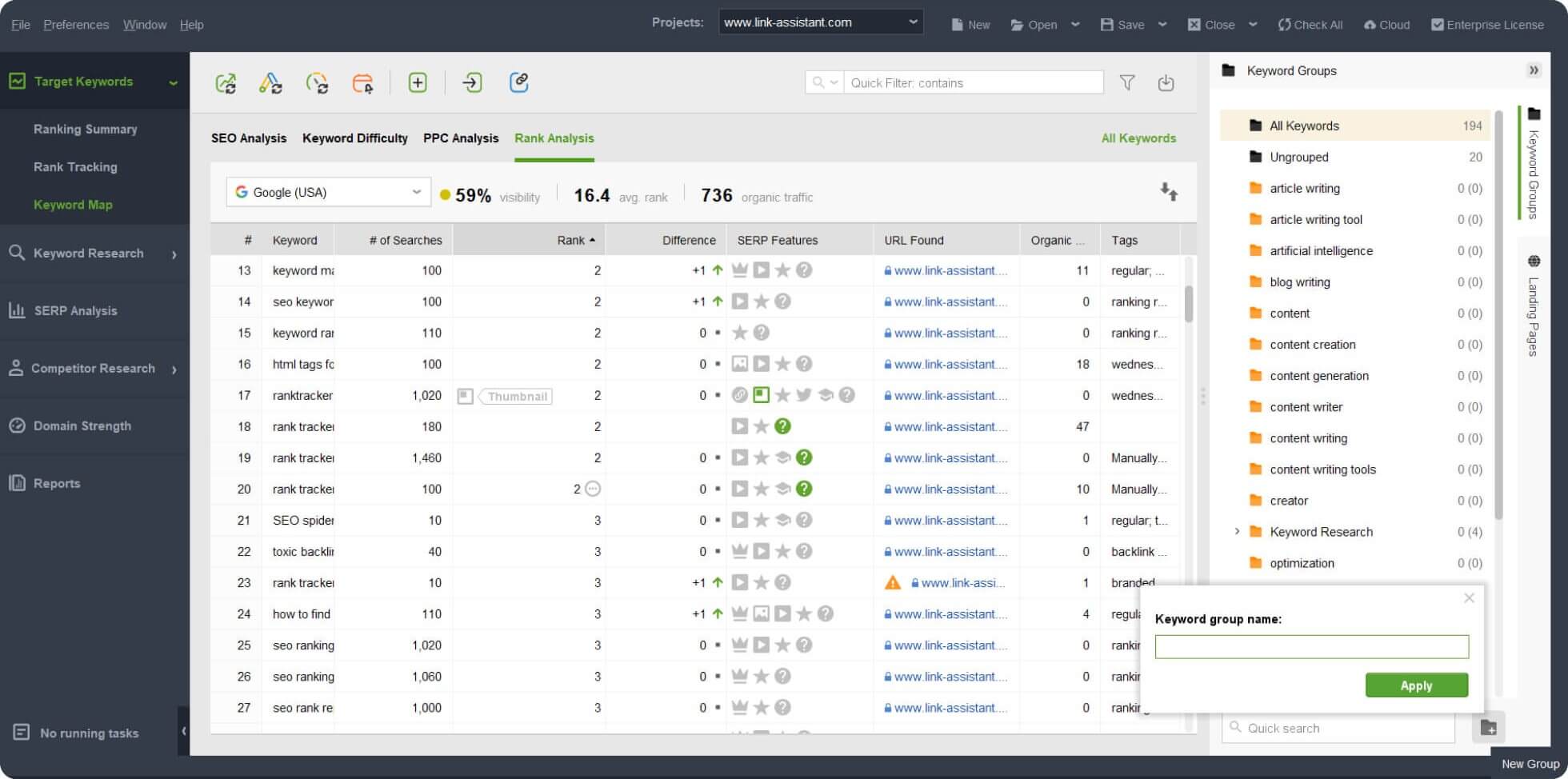 Keyword grouping tool for SEO in Rank Tracker