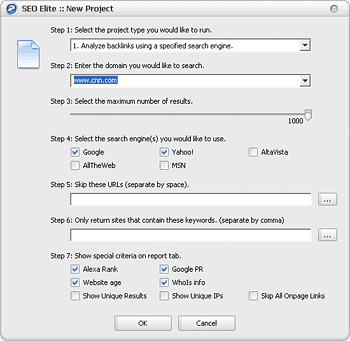 SEO Elite: New Project window