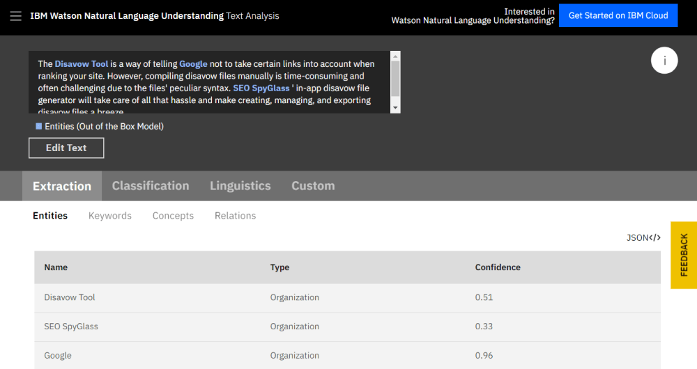 Results of analysis of a passage via IBM Watson NLP API