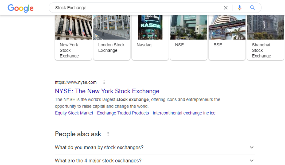 Google SERP for Stock Exchange query
