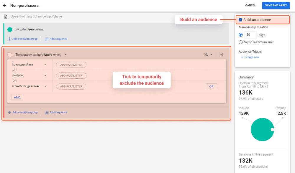 Audience builder is more flexible, allowing to temporarily exclude some segment from your audience