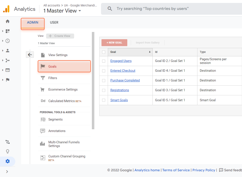 Goals in Universal Analytics are located in Admin panel, under View settings