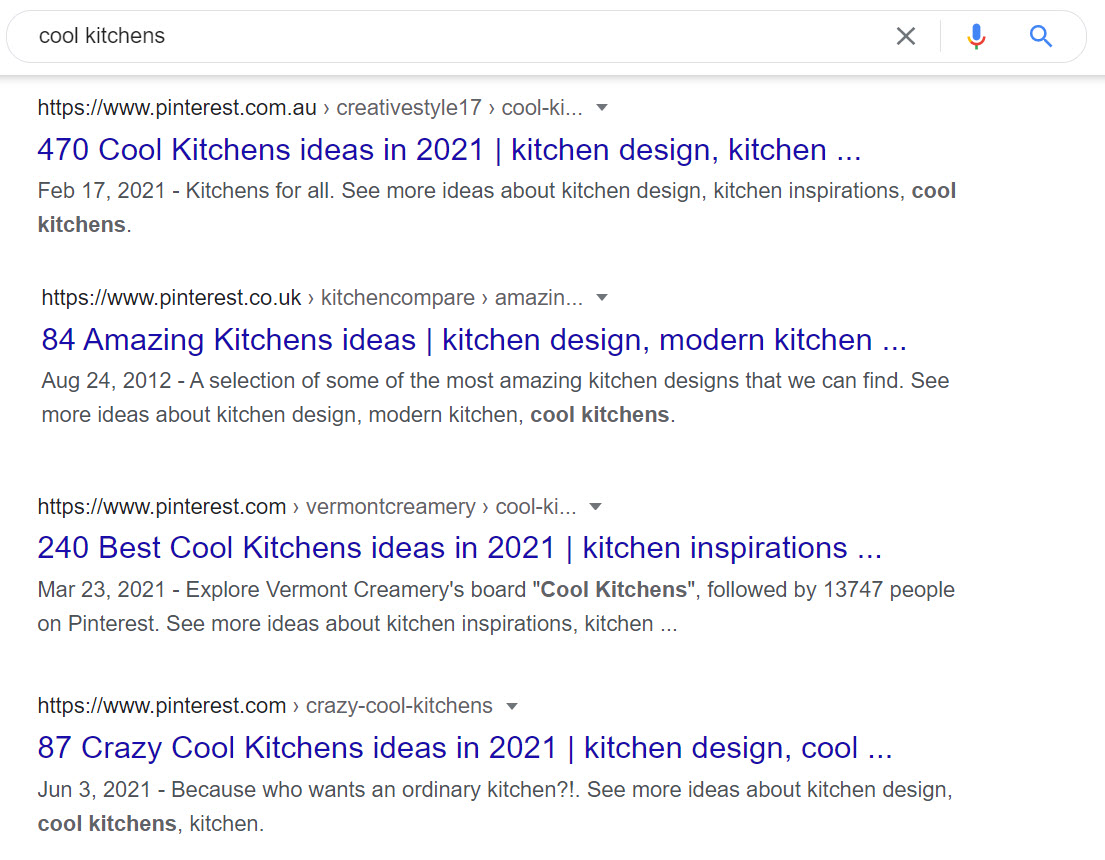 google SERP results for kitchen ideas