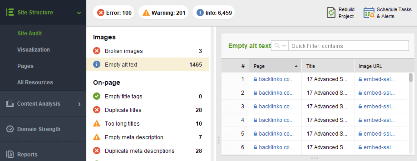 Check what images have empty alt tags in Site Audit, Images section