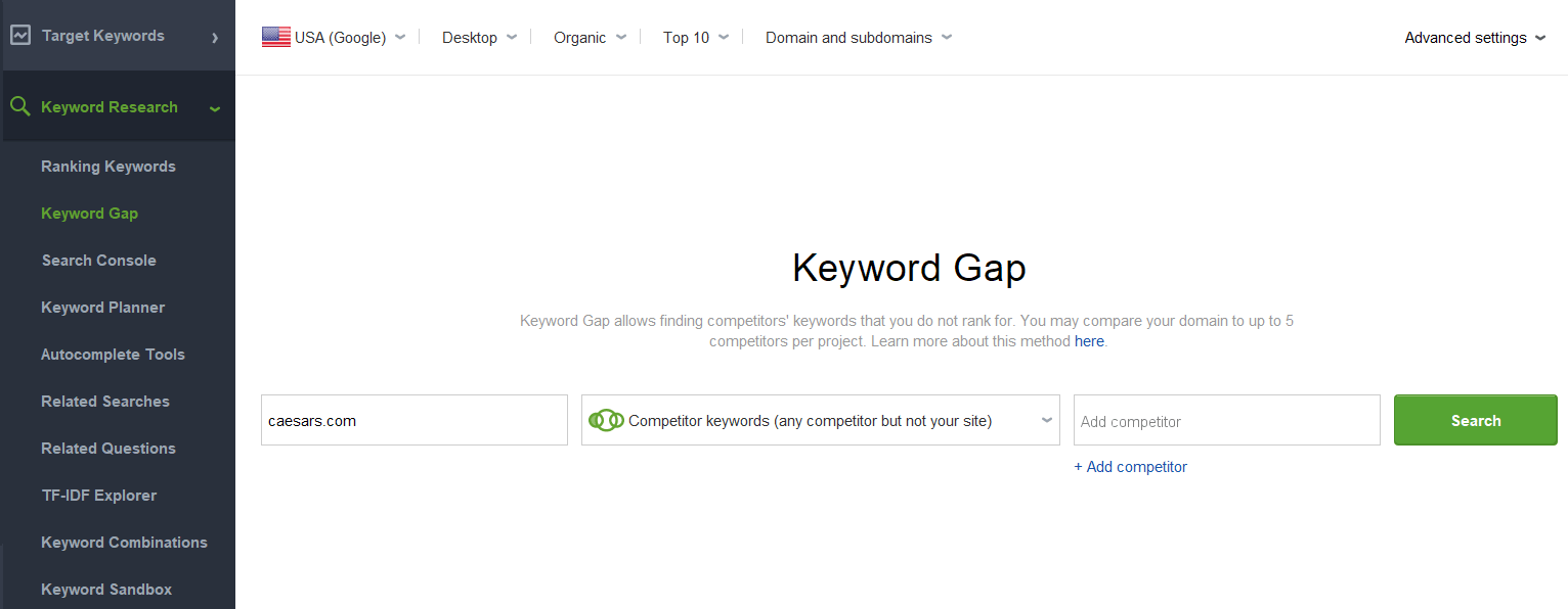 Keyword Gap module of Rank Tracker