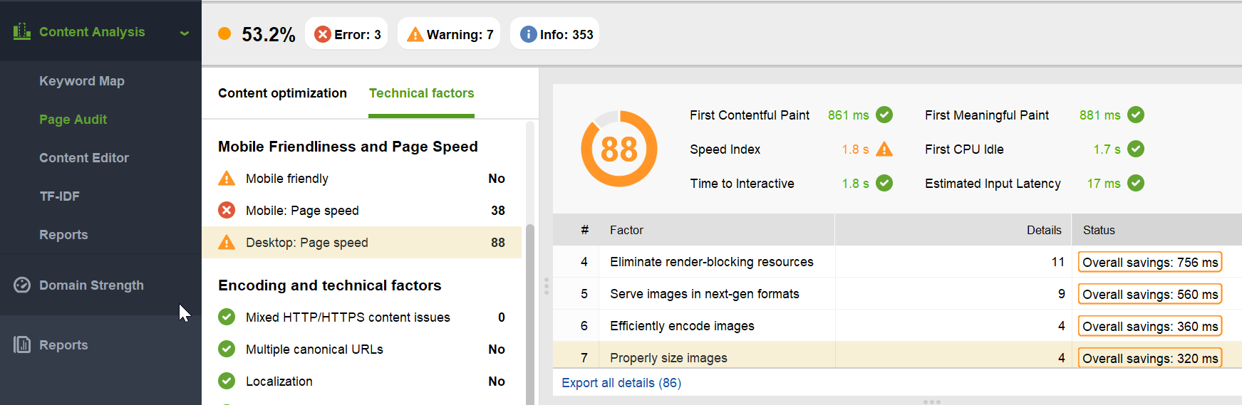 Page speed audit in Website Auditor