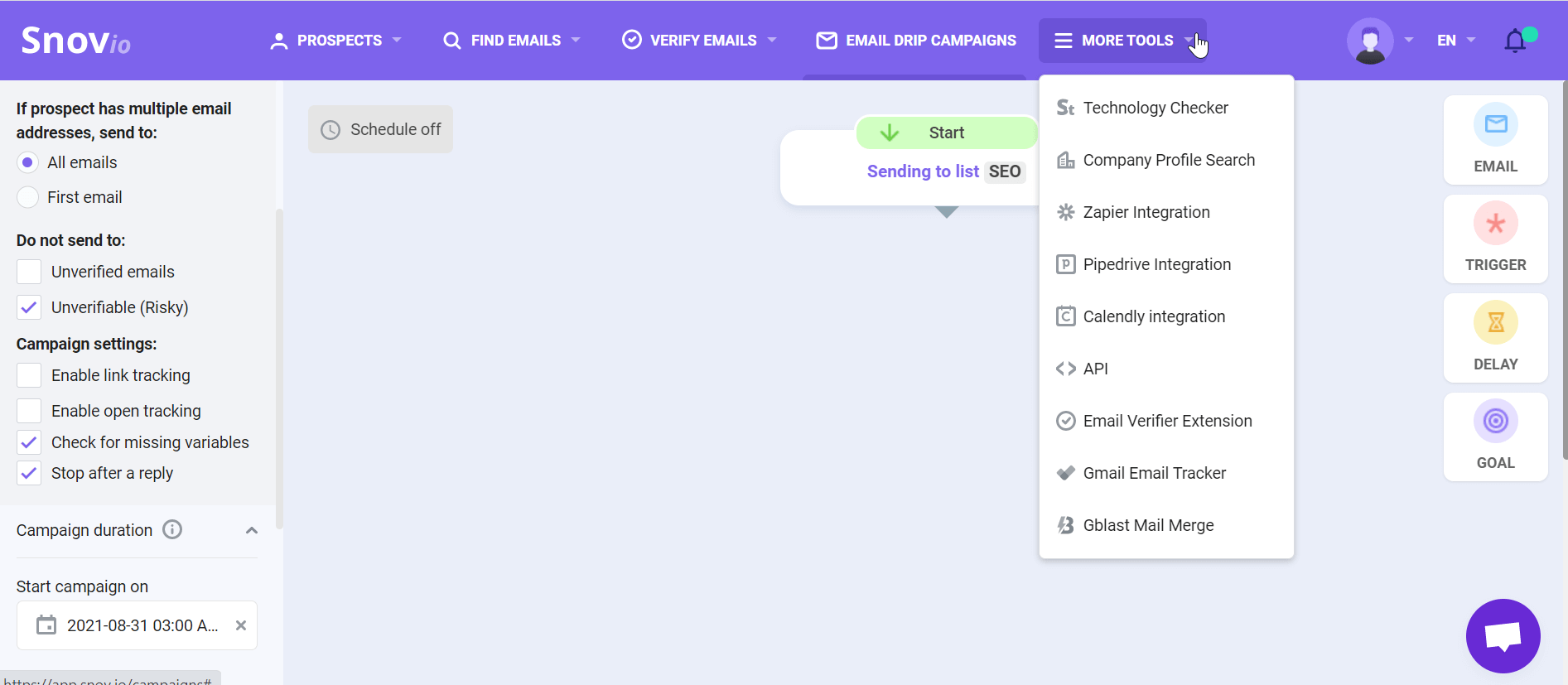 Email outreach workflow in Snovio