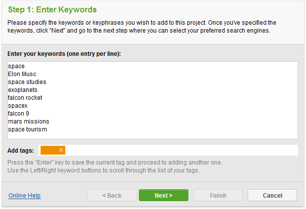 Adding keywords to Rank Tracker