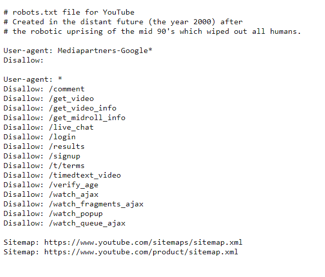 Robots directives for YouTube