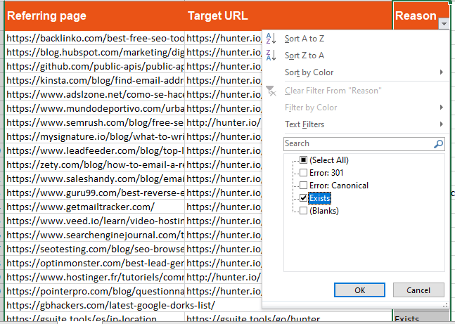 Filtering broken links in spreadsheets