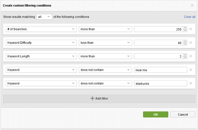 Custom filtering conditions to pick the best keywords