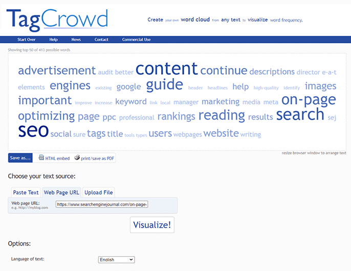 Tag Crowd to visualize keywords in a word cloud