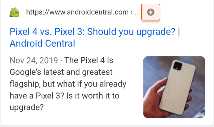 AMP lightning bolt icon on SERP