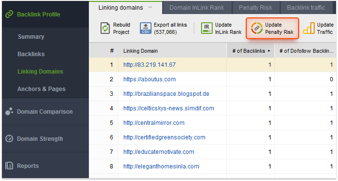 Linking Domains module in SEO SpyGlass