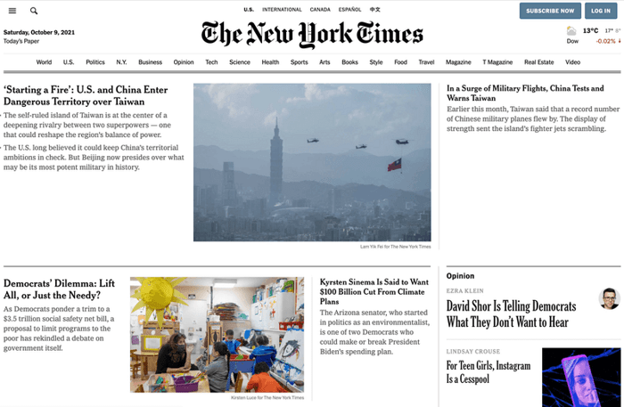 New York Times homepage on desktop