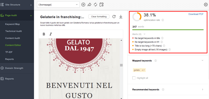 content optimization advice in WebSite Auditor