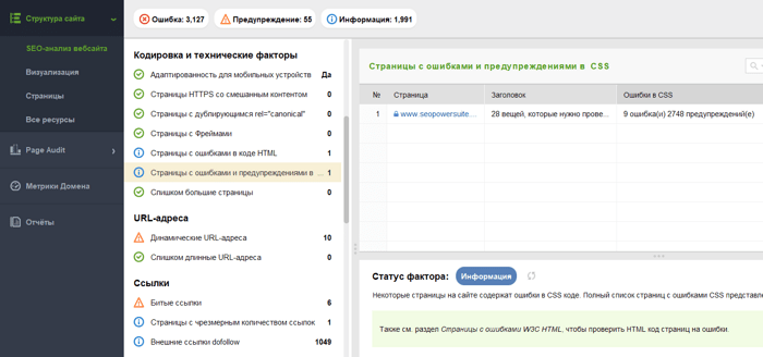 WebSite Auditor находит ошибки в коде HTML/CSS