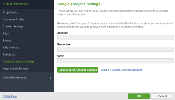 connecting Google Analytics to WebSite Auditor