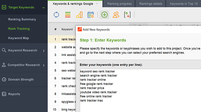 Add your target keywords in Rank Tracker