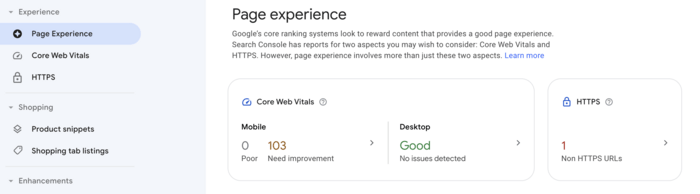 Google Search Console Page experience