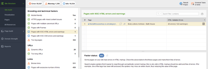 Pages with W3C HTML errors and warnings section in WebSite Auditor