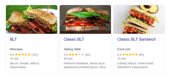 rich snippet of a recipe in search results