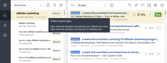 Keyword Map singalizes with an exclamation mark when a keyword has been assigned to multiple pages
