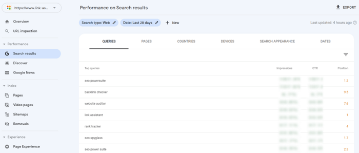 Los resultados de bÃºsqueda en Google Search Console muestran las palabras clave de clasificaciÃ³n