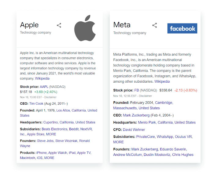 Knowledge Graph on Google for Apple and Meta