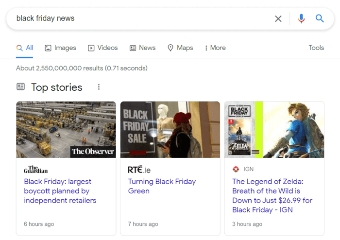 Карусель главных новостей в Google