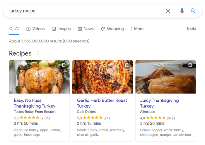 Карусель рецептов в результатах поиска Google