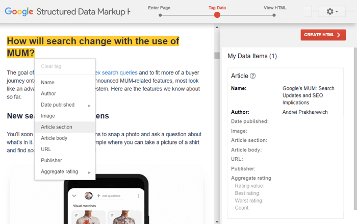 Google Structured Data Markup Helper interface
