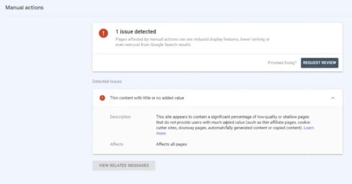 An example of a manual penalty notice in Search Console
