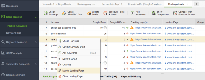 Mapping keywords to landing pages to track the right ranking