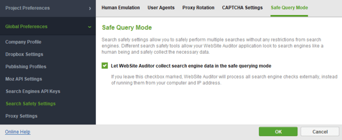 safe query settings in SEO PowerSuite