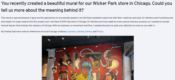 Dr. Martens announces the new decorations of their shop in Chicago, mentioning and linking to local artists and designers who were portrayed on the mural.