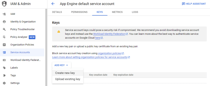 Back in Google API Console, generate a key for your new account