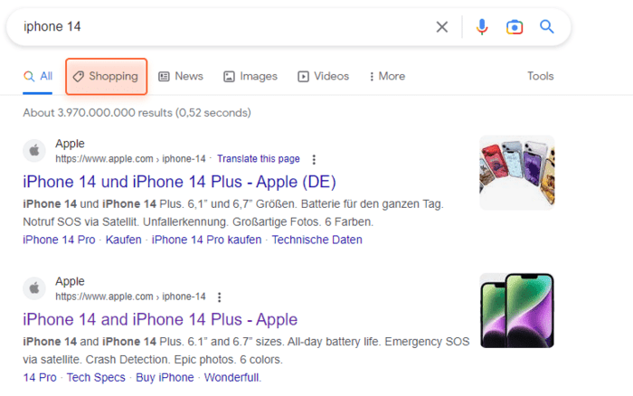 Shopping usually indicates that SERPs will contain product pages