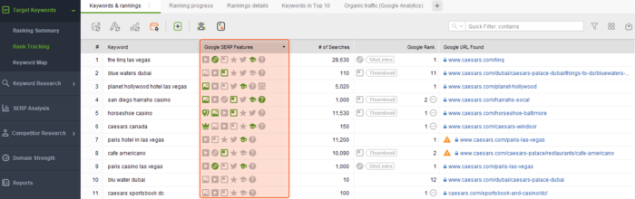 Google SERP Features section of Rank Tracker