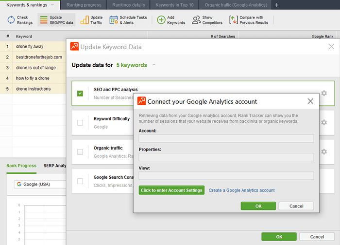 Connect your Google Analytics account in the rank checker