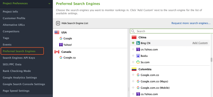 Preferred Search Engines settings