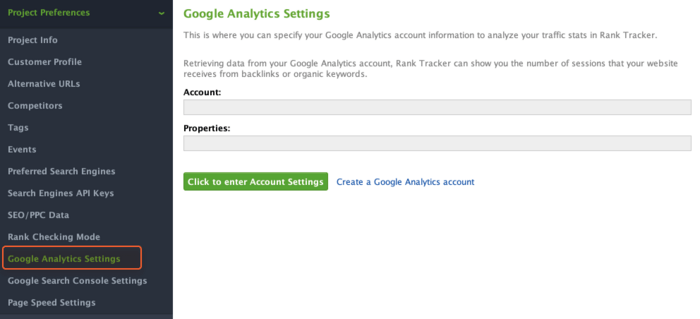 Google Analytics Settings in Rank Tracker