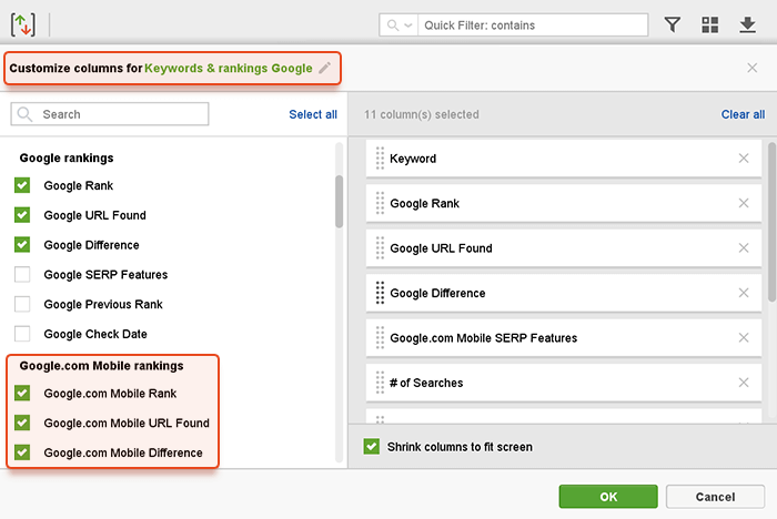 Modify your workspace to make the Mobile rankings column visible in Rank Tracker