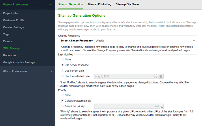 sitemap generation wia website auditor