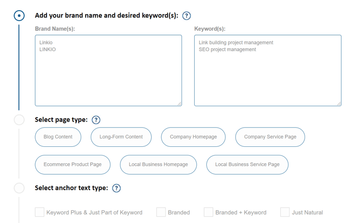 Linkio's anchor text generator