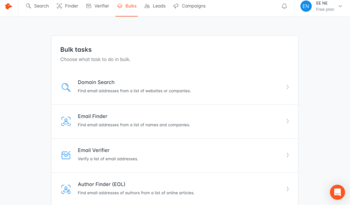 Hunter Dashboard with Email Finder and other services