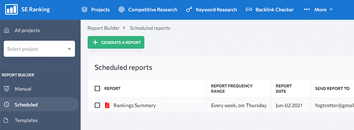 SE Ranking scheduler for publishing SEO reports